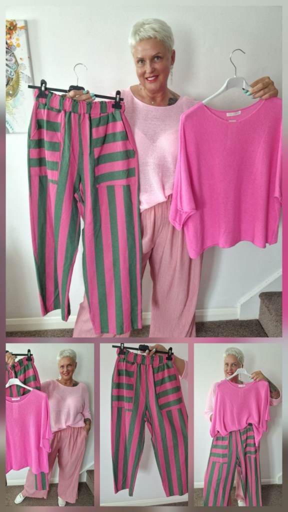 Italian Cotton striped trousers paired with cotton knitted top, One size