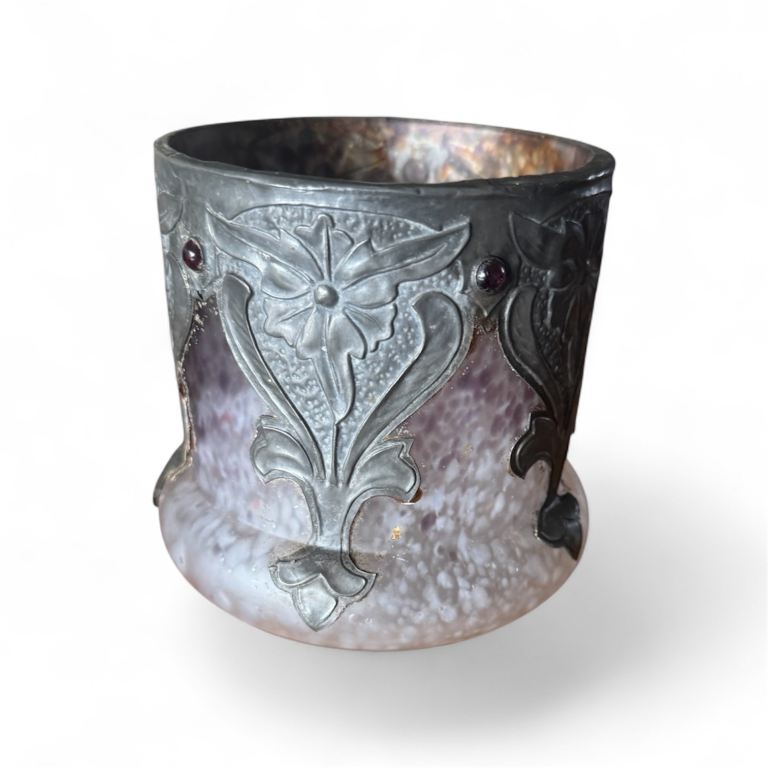 Art nouveau pewter and frosted mottled glass vase 