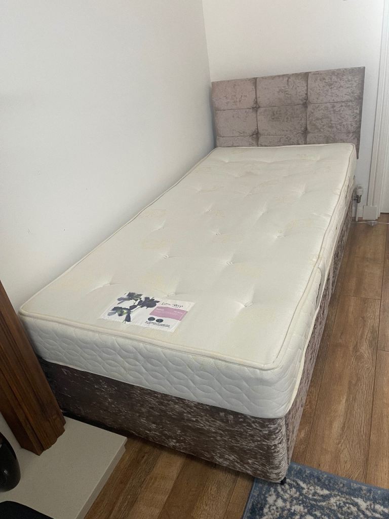 Gold Crushed Velvet Single Bed With Mattress and Headboard