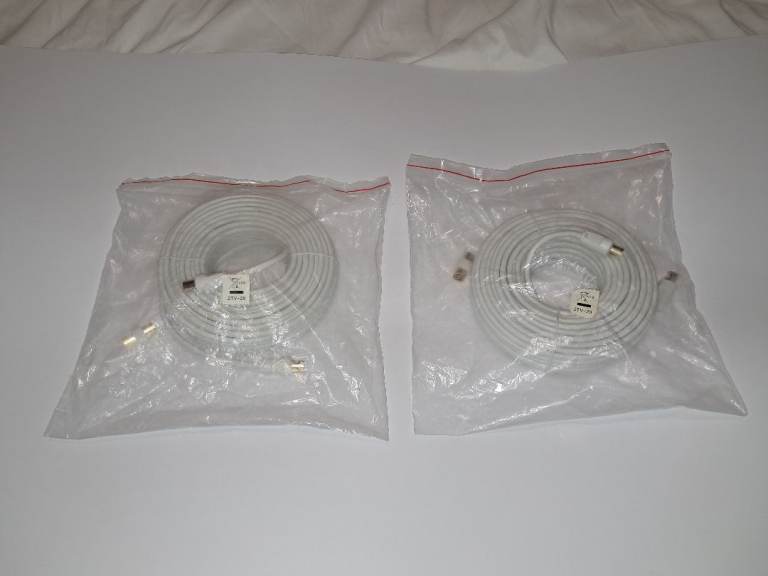 2 x 20m Male to Male RF TV Coaxial Cables inc. Female to Female Couplers. New, Unused.