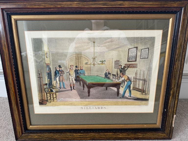Framed antique billiards print engraved by G Hunt 
