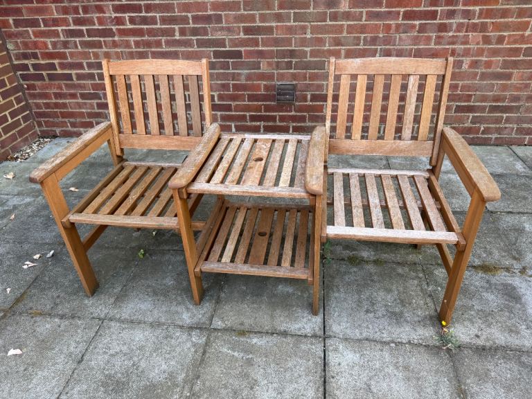 Wooden Garden Bench with Integrated Table – Fair Condition