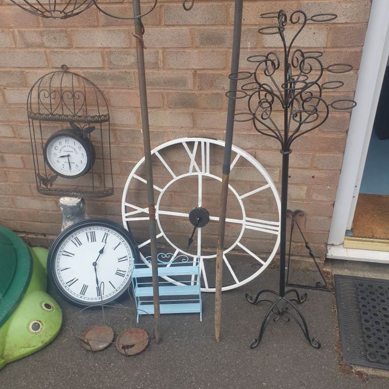 Garden Metal Work Joblot - Hanging Basket Spikes , Ornaments , Clocks , Shelf & 11 Chains .
