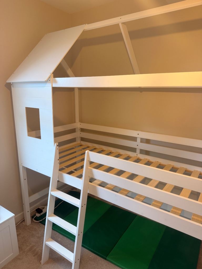 White Wooden Kids Bed Frame with Treehouse Design and Ladder