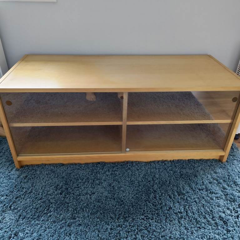Wooden TV Unit with Glass Sliding Doors – Good Condition