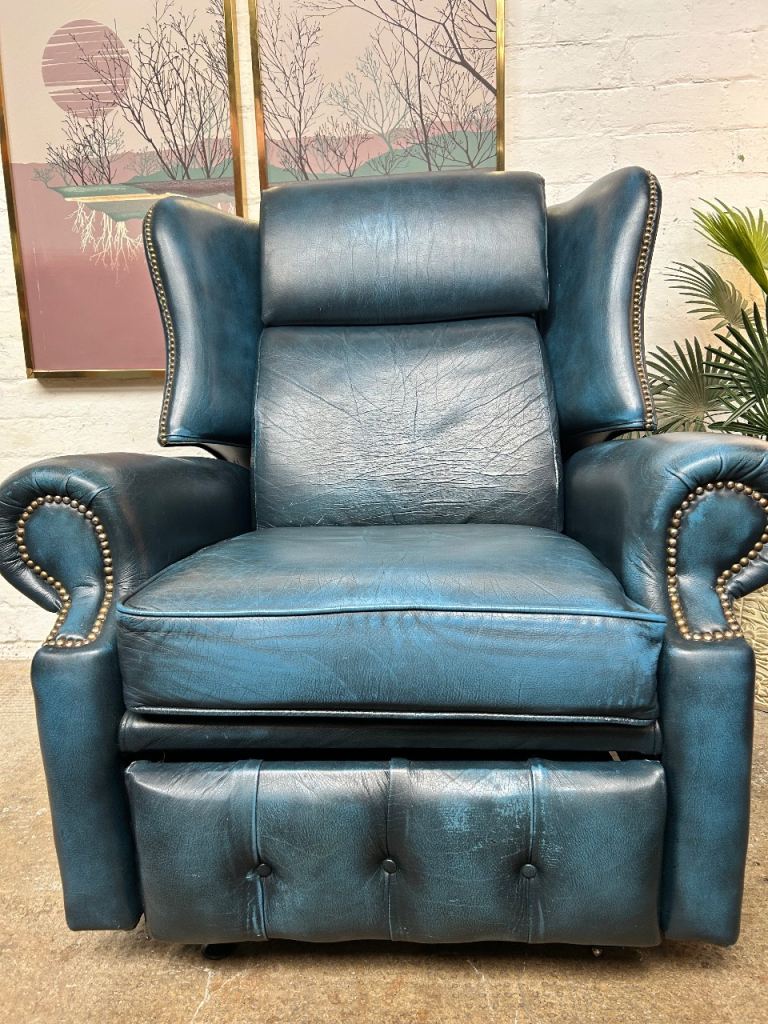2 x Chesterfield High Back Wing Chair Antique Blue Leather Manual Recliner £590 each 