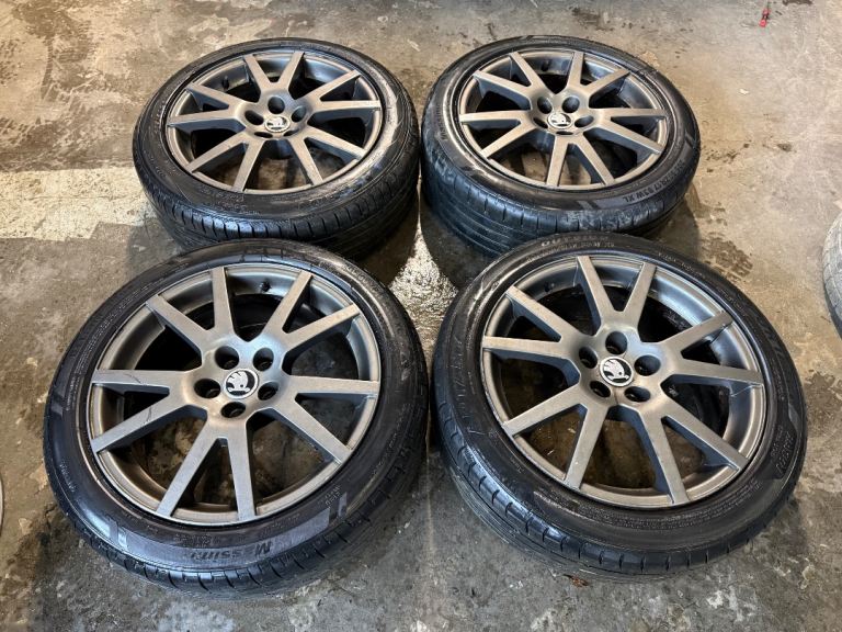 GENUINE OEM SKODA 17” SPIDER 5x100 ALLOY WHEELS + GOOD TYRES FABIA POLO IBIZA