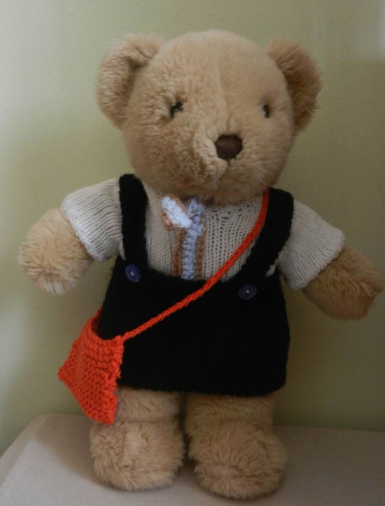 Hand Knitted Teddy Bear Clothes - Pinafore Dress, Top and Bag Fits 14" - 15" Bear