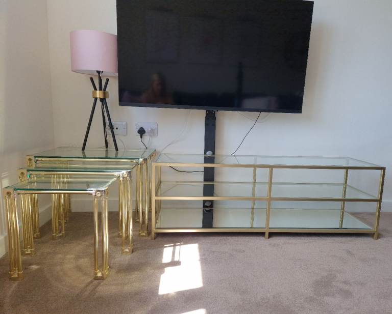 Nest of tables and Michelle Keegan TV unit gold glass mirrored 