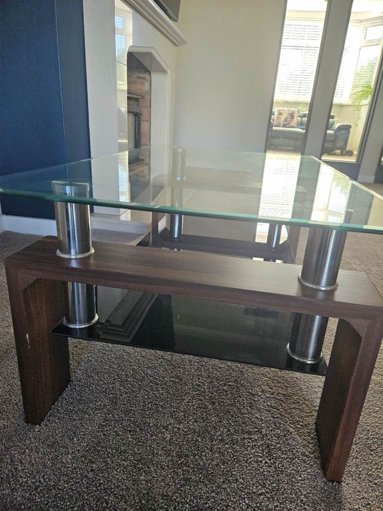 Tempered glass,  wood and black glass coffee table
