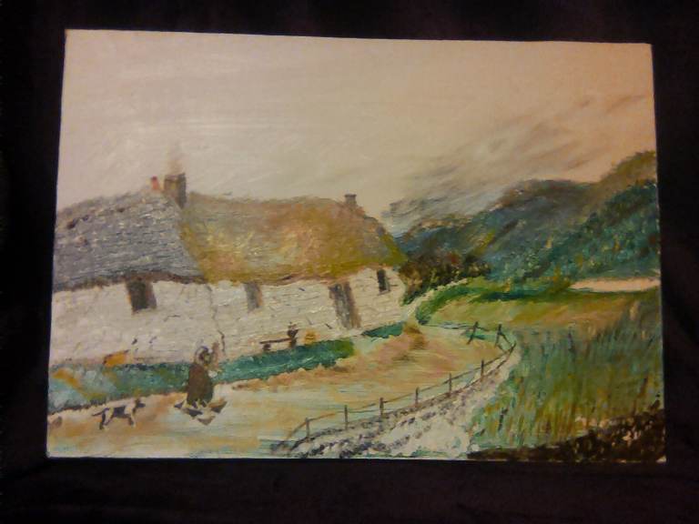 Oil on canvas painting of an old Welsh cottage 
