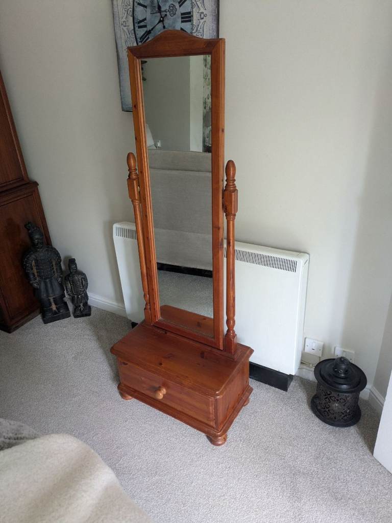 Wooden Cheval Mirror with Drawer – Good Condition