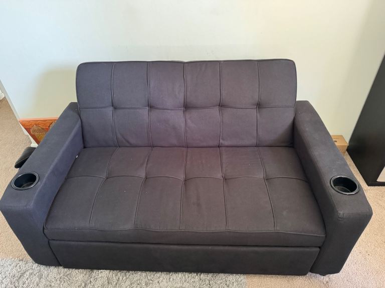 2-Seater Pull-Out Sofa Bed with Cup Holders - Charcoal Grey