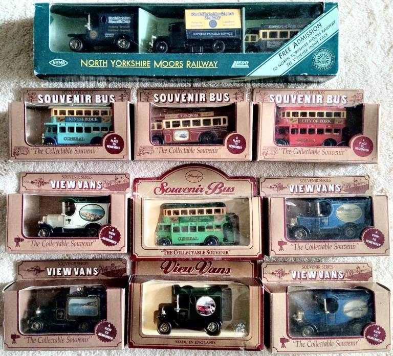 JOB LOT 12 LLEDO MODELS: SOUVENIR BUSES, VIEW VANS + N. YORKS RAILWAY SET, EX/M