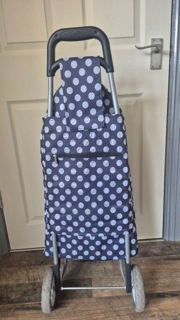 🛒 Folding Shopping Trolley – Navy Blue & White Polka Dot 