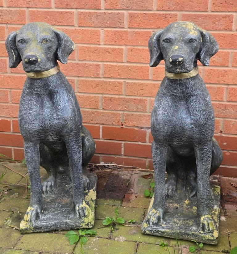 Pair of large stone hunting dog garden statues