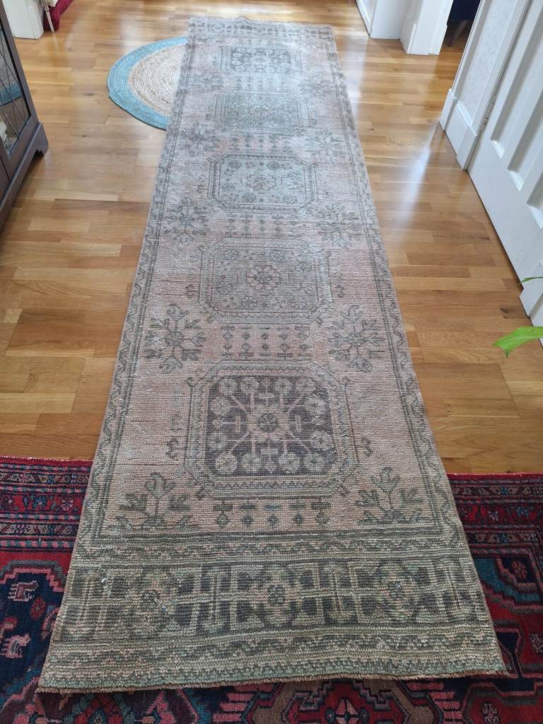 Vintage Turkish Oushak runner carpet rug wool