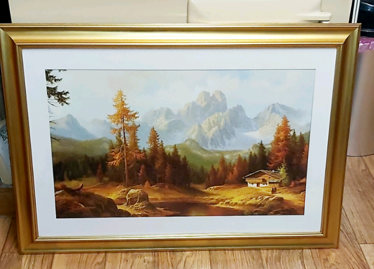 Scenic log cabin in Austrian  mountainside  W 100cm x L 70 painting .