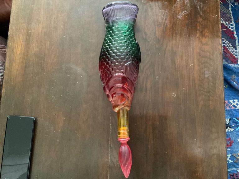 Vintage Italian Empoli Fish Glass Genie Bottle Decanter Rare Rainbow Flame Stopper 60s