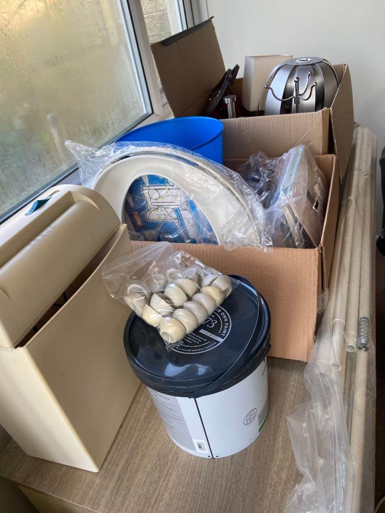 Small shredder / Paint / Spring Rods with rubber ends / 2xBoxes Miscellaneous Items