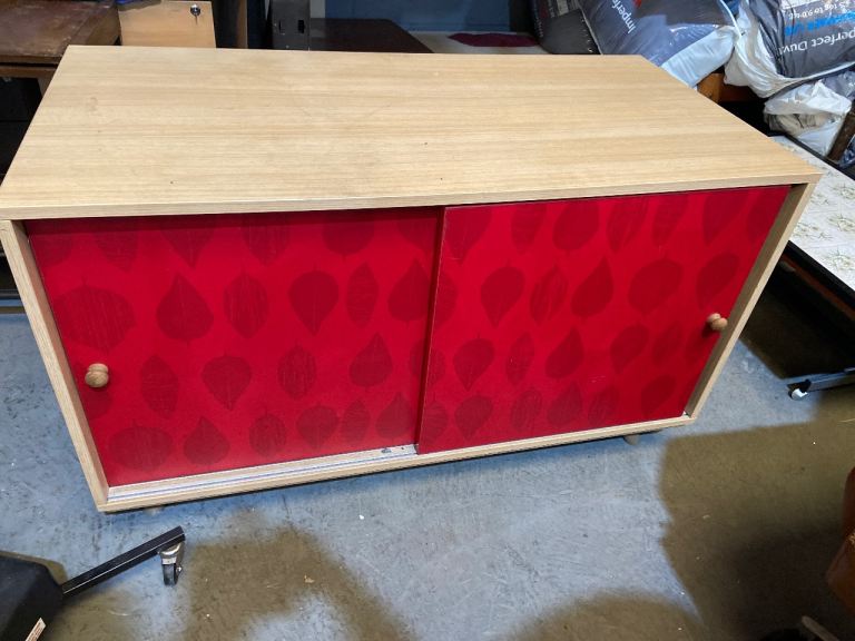 Wooden Sideboard with Red Sliding Doors