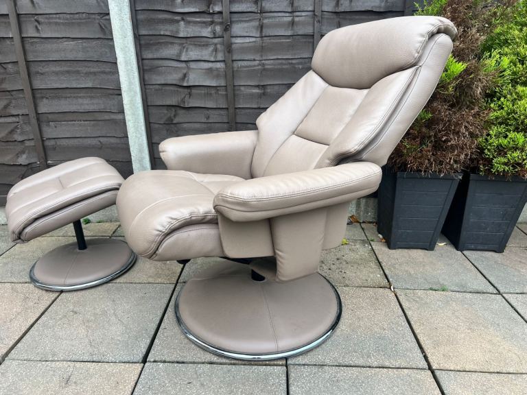 Swivel Recliner Armchair & Footstool – Cream / Beige - Faux Leather 