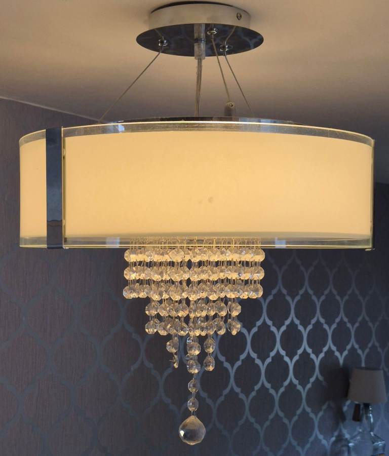 Light Ceiling Pendant In Polished Chrome And Frosted Glass Finish With Clear Glass Droplets