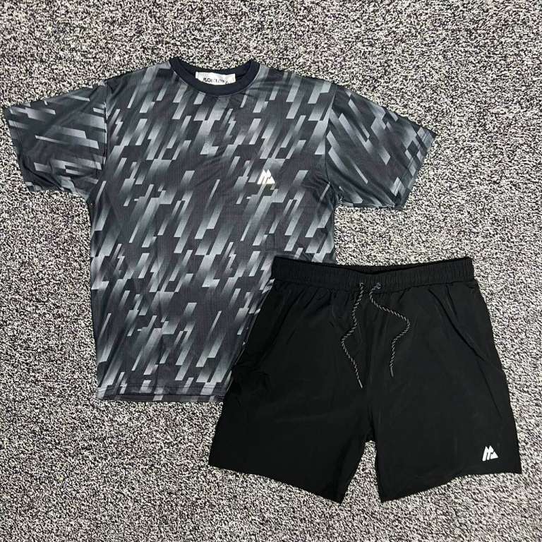 Men's Black Sports Shorts and Patterned T-Shirt Set