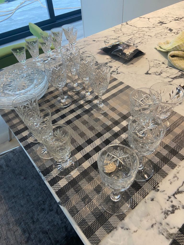 Large collection sherry glasses, cut glasses, plus Webb Crystal plates