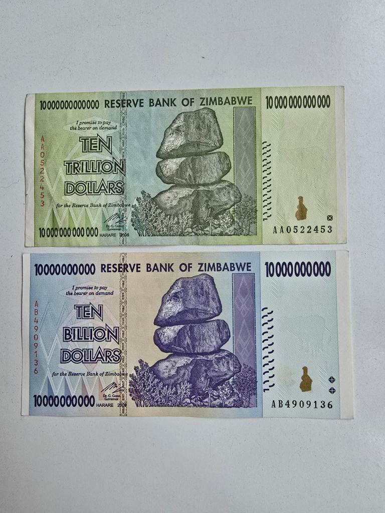 2008 Rare Reserve Bank of Zimbabwe $10 Billion & Trillion Dollar Banknotes 2pcs.