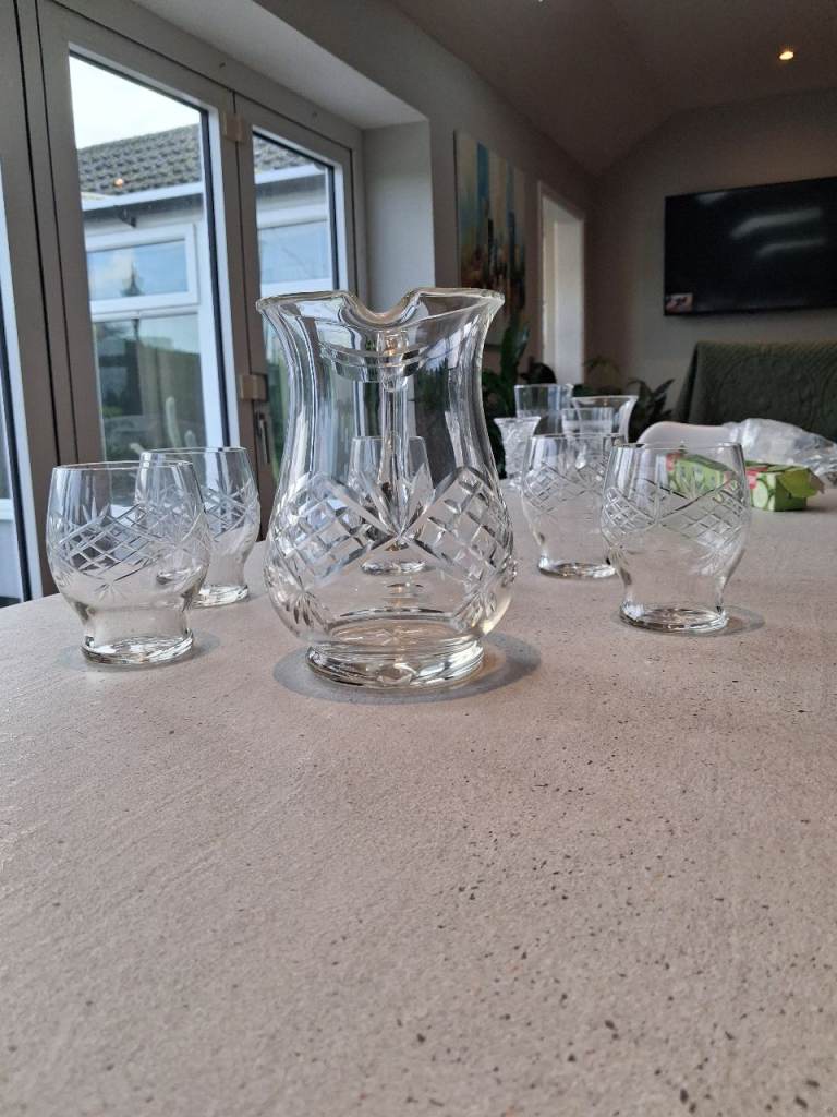 Vintage cut glass jug and glasses