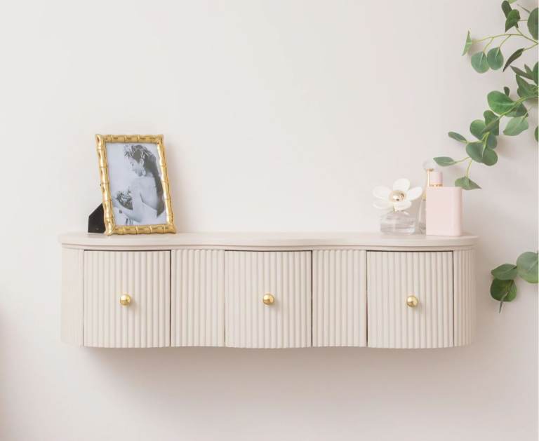 New 3 Drawer Reeded Wall Mounted Floating Console & Dressing Table - Taupe-Grey