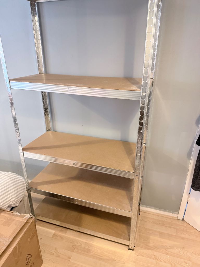 Metal Shelving Unit with Wooden Shelves – Good Condition