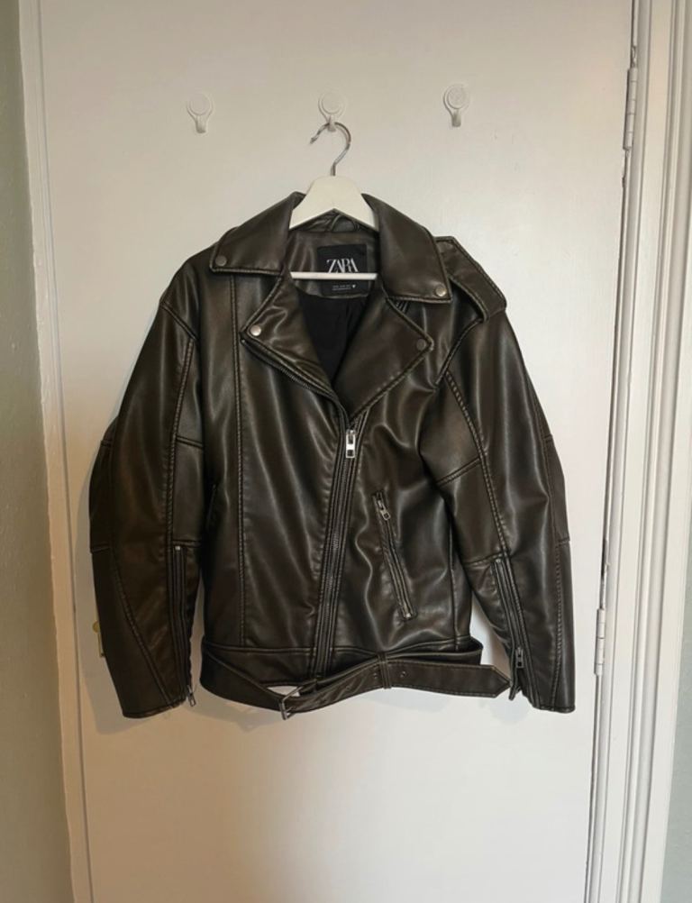 ZARA Molly Mae khaki charcoal oversized belted faux leather PU biker jacket