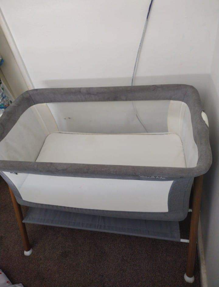 Babymoov You & Me Bedside Crib - Grey Fabric, Good Condition