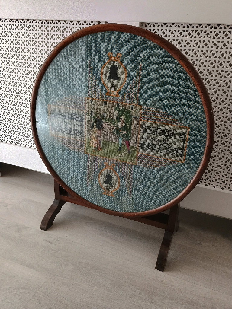 Vintage Antique Round Folding Fire Screen / Table with Tapestry Embroidery