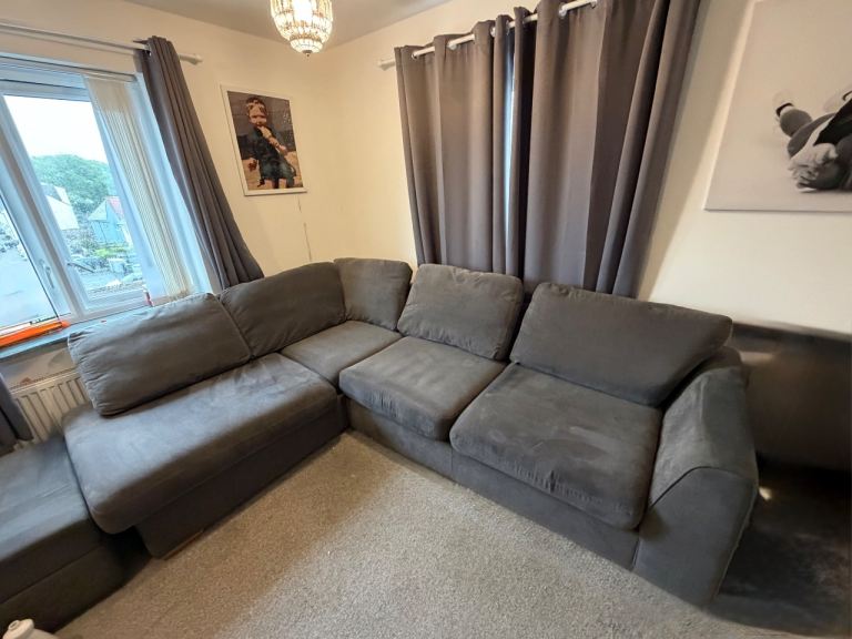 DFS Orka grey corner sofa and footstool