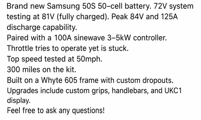 CUSTOM WHYTE 605 72V ECONVERSION KIT 3-5KW