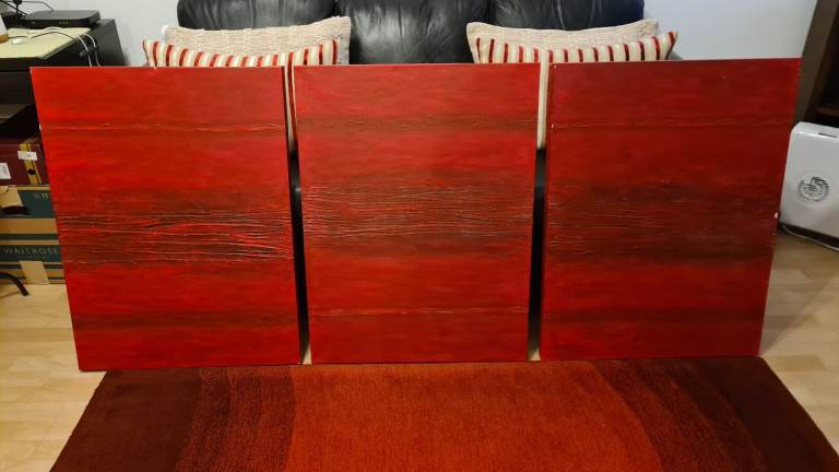 Set of 3 beautiful hand painted deep red burgundy art canvases  60 x 80cm