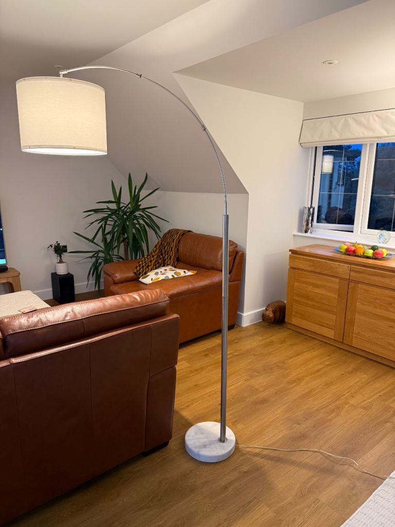 John Lewis ‘Angus’ arched over seating lamp with marble base nd white shade 