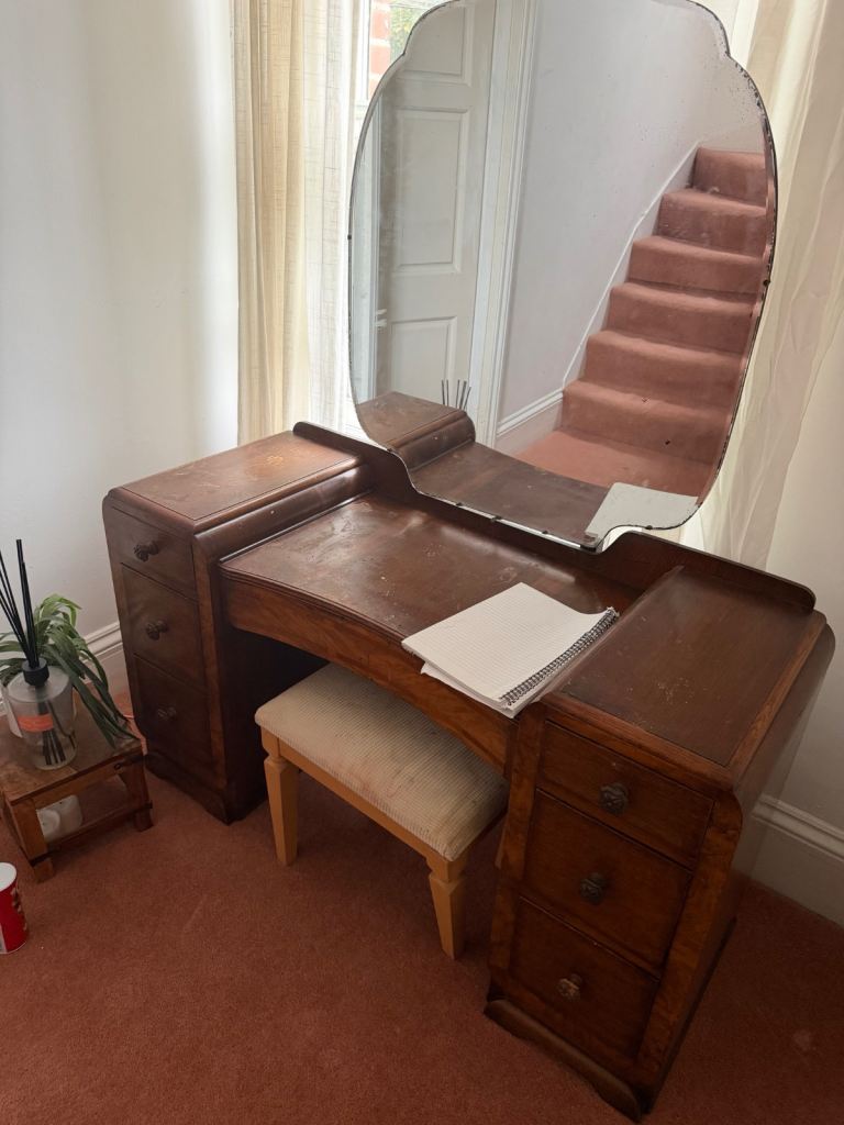 Vintage Wooden Dressing Table with Mirror and Stool