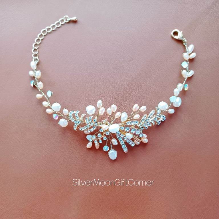 Pearl Crystal Statement Bracelet Handmade Wedding Bridal Floral Leaf Gift Trendy