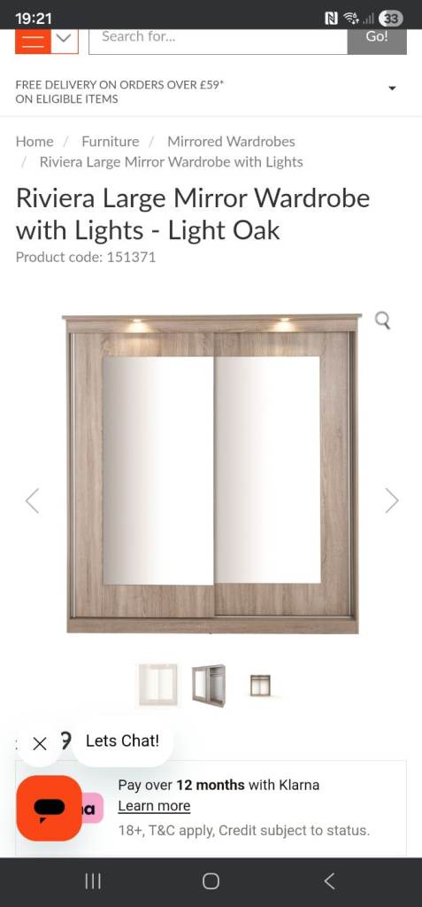 Range sliding 2 mirrored door wardrobe with lights