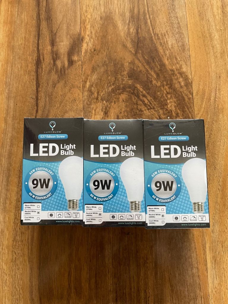 LUME GLOW E27 LED Light Bulbs – 9W (60W Equivalent) – Neutral White 4000K – Set of 3