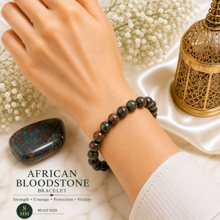 African Bloodstone 8mm Gemstone Bead Bracelet, Natural Green Crystal 7.5 Inch Stretchable Bracelet
