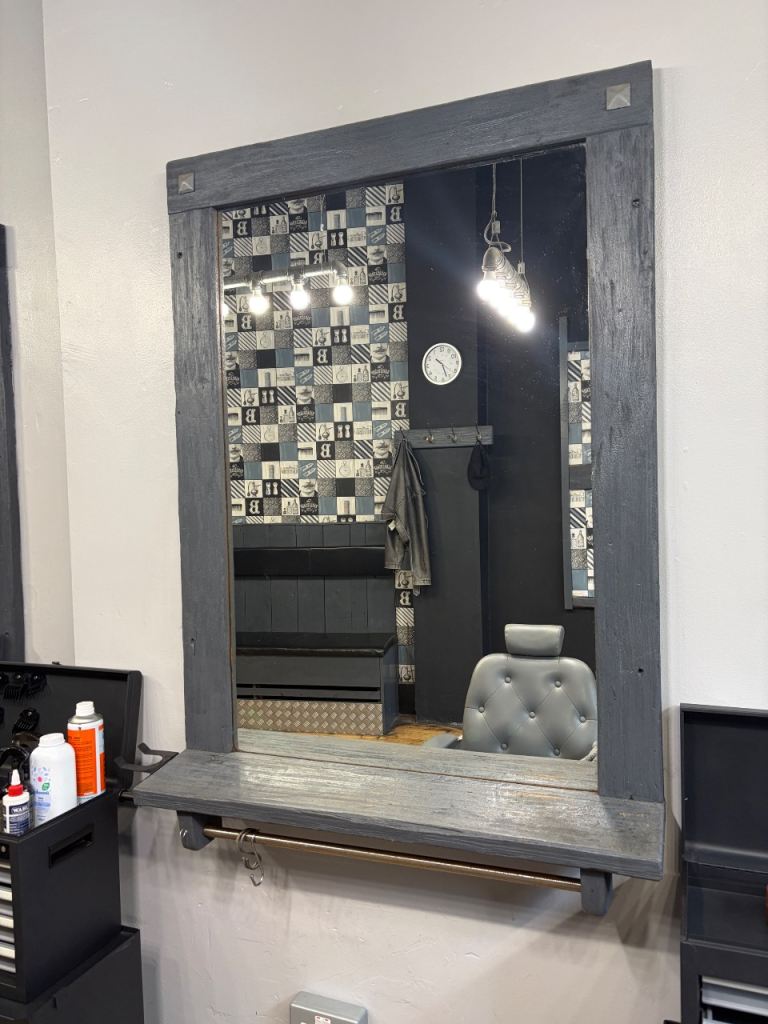 3 x Barber Shop Mirror with Wooden Frame and Shelf – Good Condition 