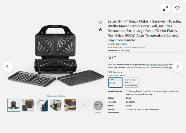 Salter 3-In-1 Snack Maker - Sandwich Toaster, Waffle Make. Used. Excellent cond.