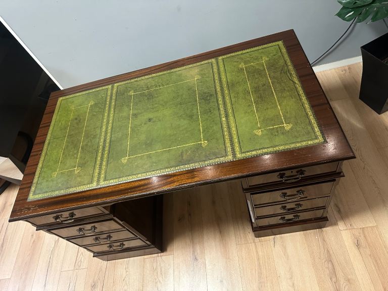 Large Antique Style Captains Bankers Desk Green Leather Twin Pedestal Partners #32