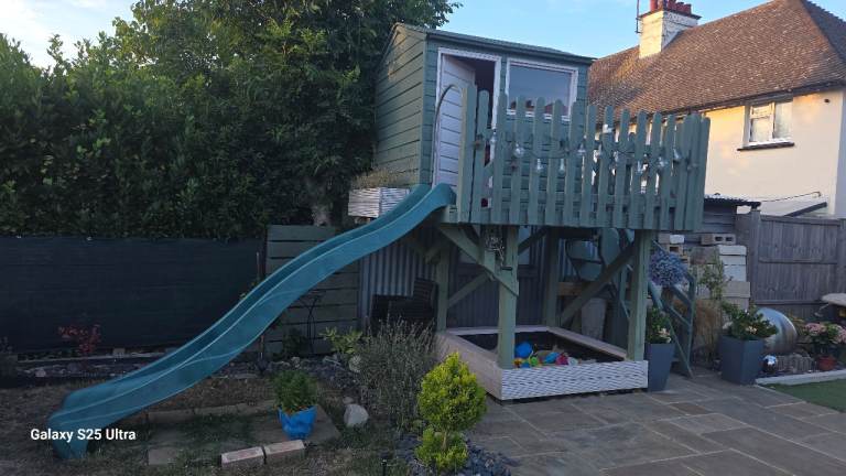 Kids Wooden Playhouse with Slide and Sandpit – Good Condition