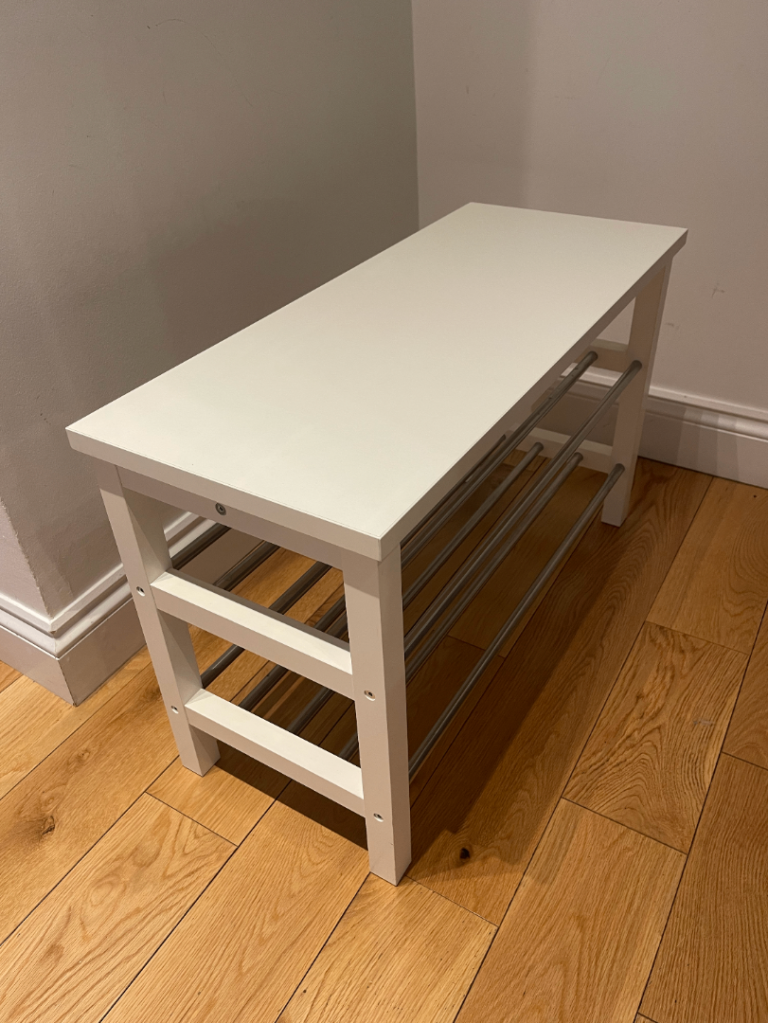 IKEA TJUSIG White Benches with Silver Racks - Shoe Storage - SET OF 2